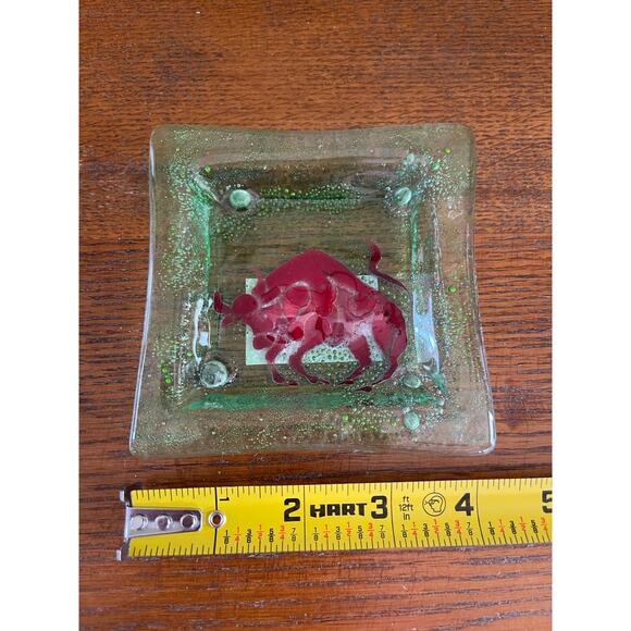 Opalo Vidrio Reposado Al Fuego Green Fused Art Glass Trinket Dish Bull Taurus 4" - Picture 7 of 10